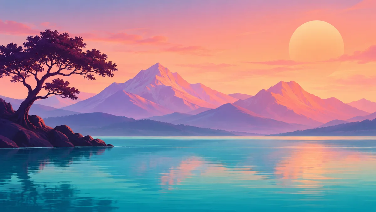Simple colorful mountain landscape with a turquoise lake and sunset